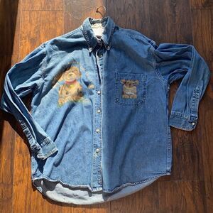 Vtg Sun Belt denim shirt  XL hand painted puppies unique , one of a kind